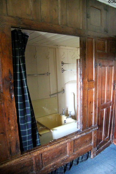 Housekeepers room with box bed converted to bathroom at Craigievar Castle. Alford, Scotland.