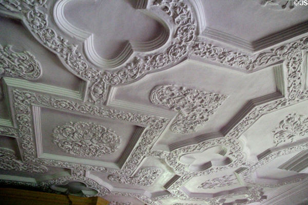 Sculpted plaster ceiling in Queen's room at Craigievar Castle. Alford, Scotland.
