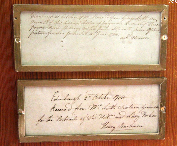 Receipt (1788) for Forbes portraits signed by artist Henry Raeburn at Craigievar Castle. Alford, Scotland.
