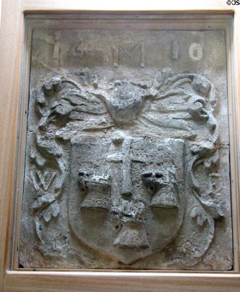 Sculpted stone panel with Forbes crest (1610) at Craigievar Castle. Alford, Scotland.
