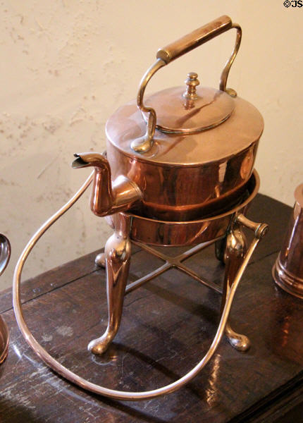 Copper tea kettle on stand at Crathes Castle. Crathes, Scotland.