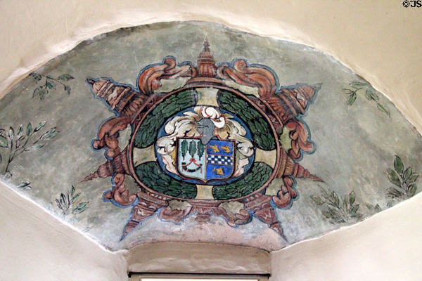 Family coat of arms ceiling painting in High Hall at Crathes Castle. Crathes, Scotland.