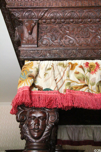 Detail of four-poster bed (1594) prob. carved by Aberdeen carvers in Laird's bedroom at Crathes Castle. Crathes, Scotland.