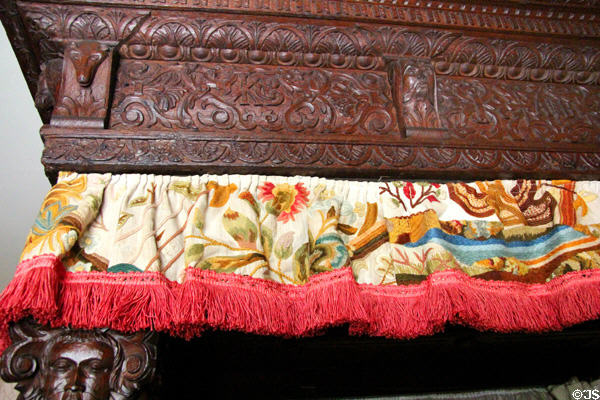 Detail of four-poster bed (1594) carvings & embroidery in Laird's bedroom at Crathes Castle. Crathes, Scotland.