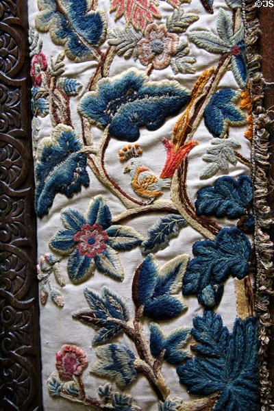 Embroidery in Laird's bedroom at Crathes Castle. Crathes, Scotland.