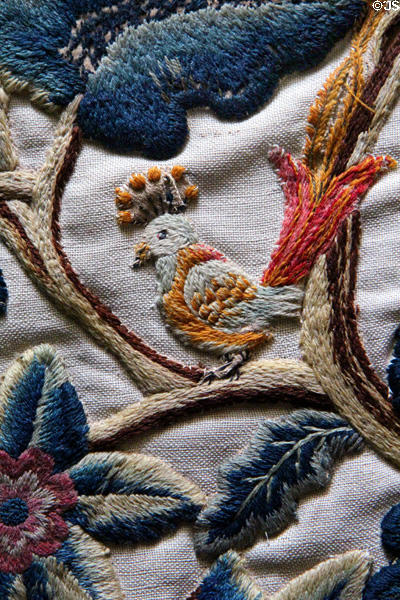 Embroidered bird in Laird's bedroom at Crathes Castle. Crathes, Scotland.