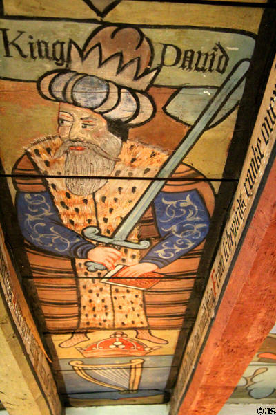 King David ceiling painting in nine nobles room at Crathes Castle. Crathes, Scotland.