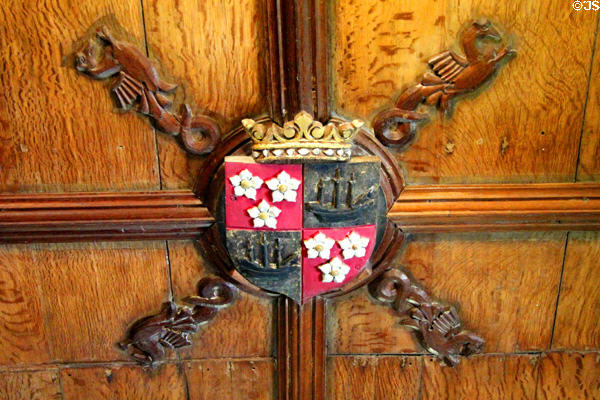 Family crest on Gallery ceiling at Crathes Castle. Crathes, Scotland.