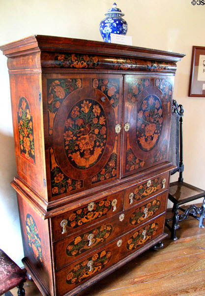 English marquetry chest on chest cabinet (c1685) at Crathes Castle. Crathes, Scotland.