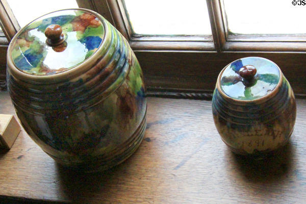 Multicolored ceramic jars with lids (1841) from Leith at Crathes Castle. Crathes, Scotland.