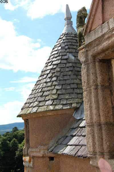 Slate roof of conical turret at Crathes Castle. Crathes, Scotland.