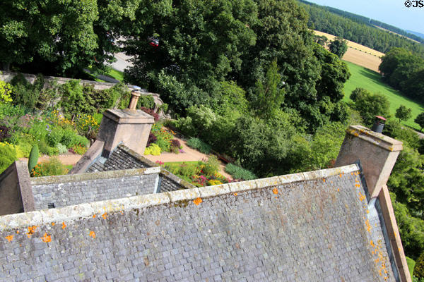 Roof & garden from above at Crathes Castle. Crathes, Scotland.