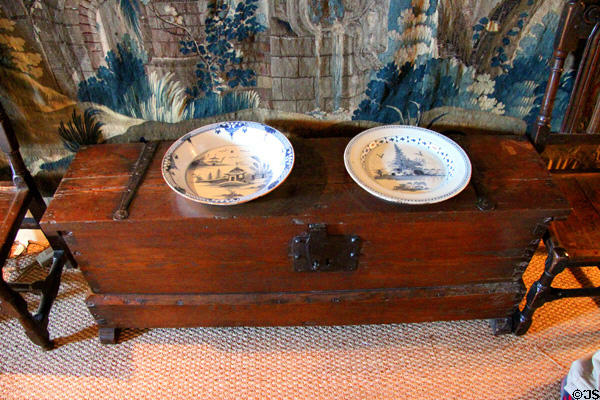 Chest with blue Chinese plates at Crathes Castle. Crathes, Scotland.
