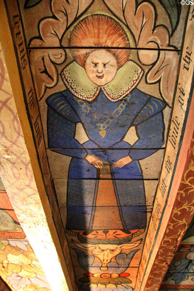 Female figure on ceiling painting in Green Lady's room at Crathes Castle. Crathes, Scotland.