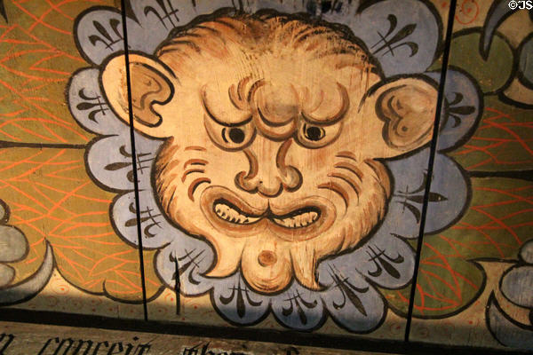 Mythical face on ceiling painting in Green Lady's room at Crathes Castle. Crathes, Scotland.