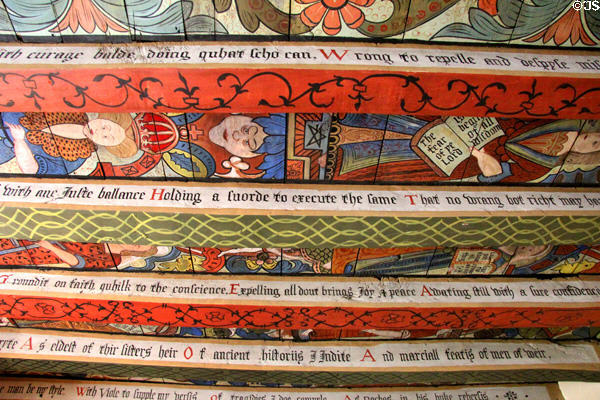 Ceiling painting with figures & poetry in Muses room at Crathes Castle. Crathes, Scotland.