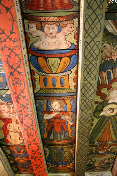Beams & designs of ceiling painting in Muses room at Crathes Castle. Crathes, Scotland.