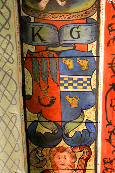 Katherine Burnett's coat of arms on ceiling painting in Muses room at Crathes Castle. Crathes, Scotland.