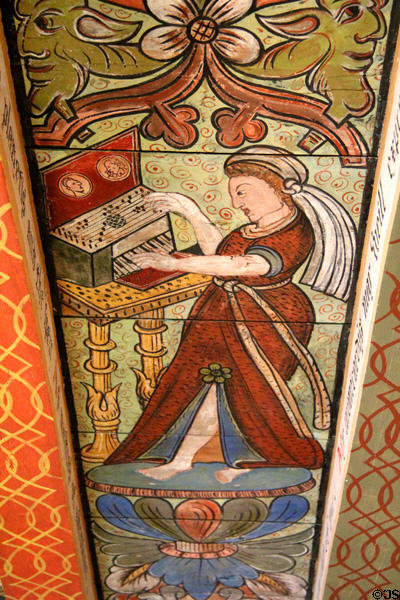 Polyhymnia (muse of hymns) playing claichord ceiling painting in Muses room at Crathes Castle. Crathes, Scotland.