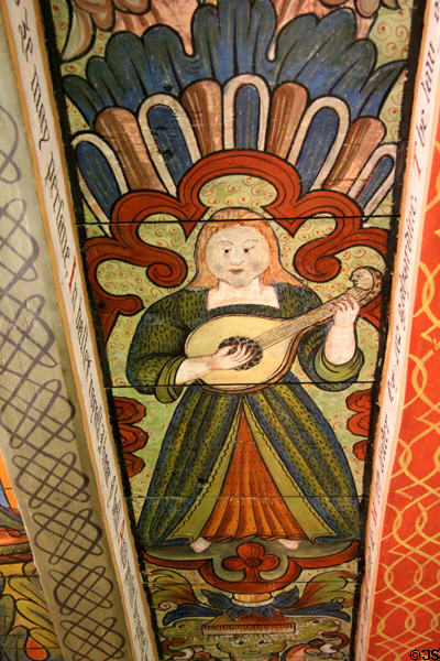 Erato (muse of erotic poetry) playing cittern ceiling painting in Muses room at Crathes Castle. Crathes, Scotland.