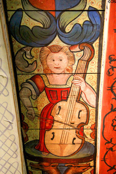 Melpomene (muse of singing & tragedy) playing bas viol ceiling painting in Muses room at Crathes Castle. Crathes, Scotland.