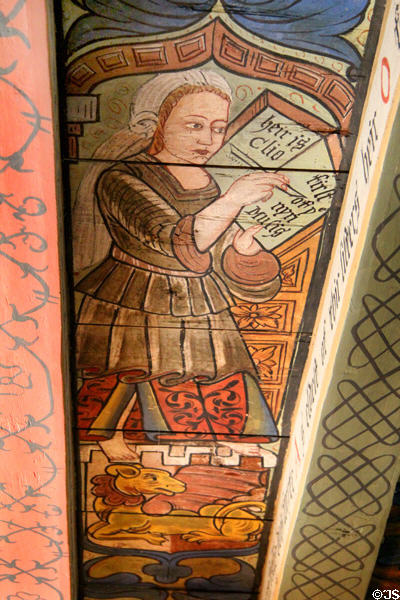 Clio (muse of history) writing in book ceiling painting in Muses room at Crathes Castle. Crathes, Scotland.