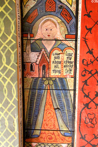 Faith holding church & ten commandments ceiling painting in Muses room at Crathes Castle. Crathes, Scotland.