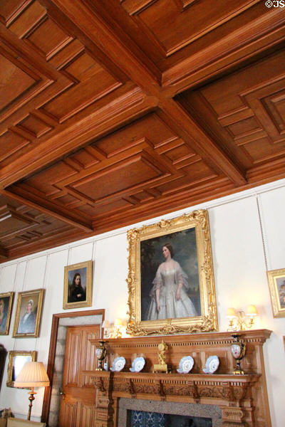 Oak ceiling panels over portrait of Ann Margaret Forbes Leslie in drawing room at Drum Castle. Drumoak, Scotland.