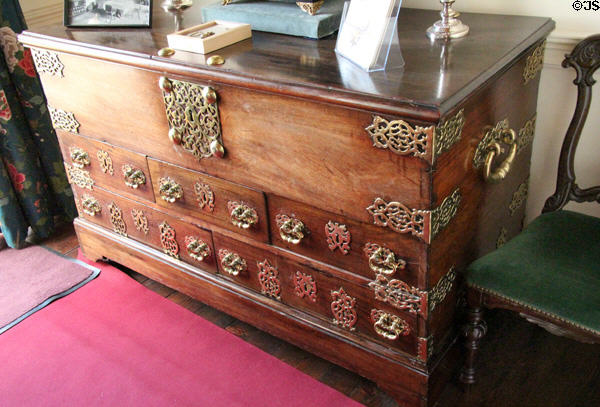 Dutch-colonial chest with metal fittings at Drum Castle. Drumoak, Scotland.