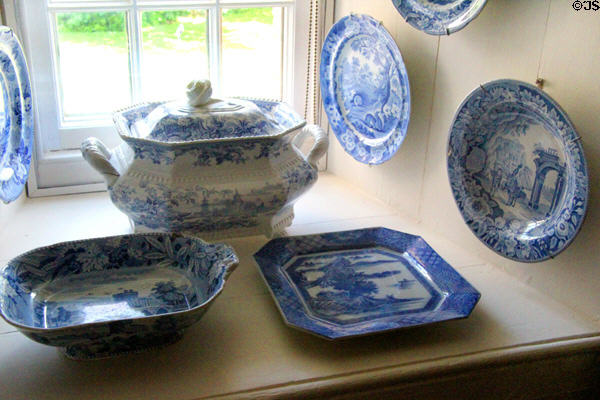 Blue & white earthenware collection (early 19thC) from various potteries in Staffordshire & Yorkshire at Drum Castle. Drumoak, Scotland.