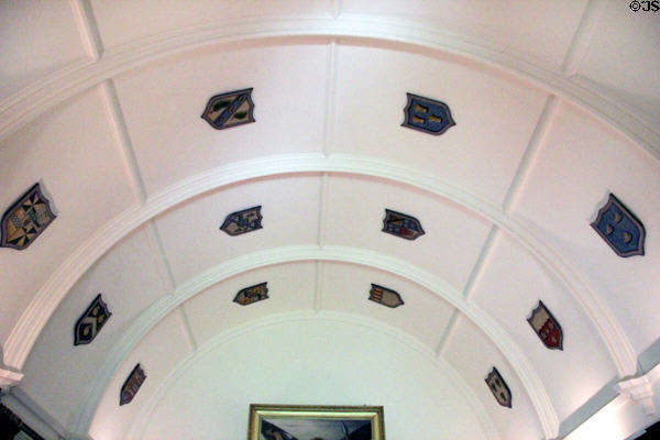 Barrel library ceiling with coats of arms of all families with which Irvines had intermarried at Drum Castle. Drumoak, Scotland.