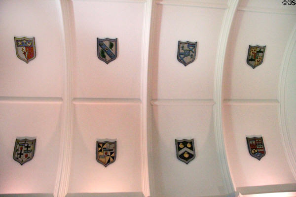Coats of arms of families related by marriage to Irvines on library barrel ceiling at Drum Castle. Drumoak, Scotland.