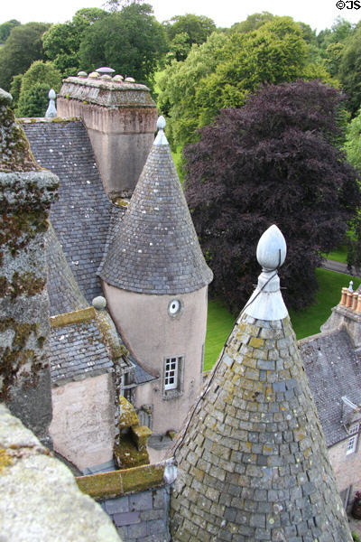 Conical towers seen from observation deck of Castle Fraser. Aberdeenshire, Scotland.