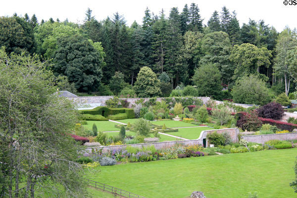 Walled garden seen from observation deck of Castle Fraser. Aberdeenshire, Scotland.