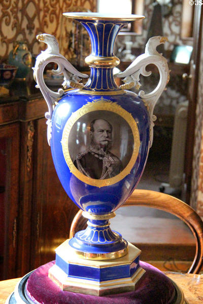 Victorian ceramic curio vase with image of Kaiser Wilhelm I Sitting Room at Castle Fraser. Aberdeenshire, Scotland.