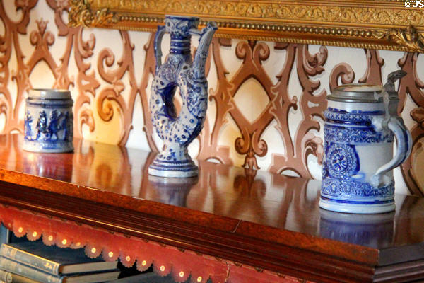 German salt-glaze ceramics with cobalt blue decoration (19thC) in Victorian Sitting Room at Castle Fraser. Aberdeenshire, Scotland.