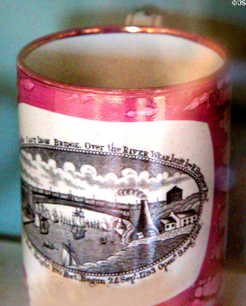 Lusterware cup with print of bridge over river Wear at Castle Fraser. Aberdeenshire, Scotland.