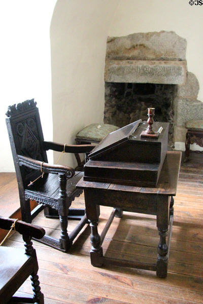 Bailiff's Room (1580s) with writing desk on table & great chair (1600s) at Castle Fraser. Aberdeenshire, Scotland.