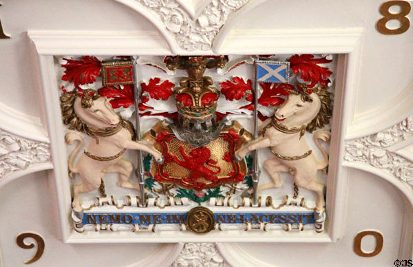 Sculpted plaster royal crest on ceiling (1890) in dining room at Fyvie Castle. Turriff, Scotland.