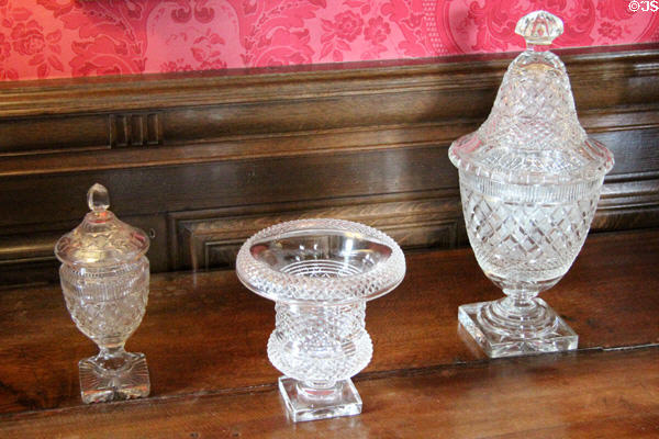 Cut glass dishes in dining room at Fyvie Castle. Turriff, Scotland.