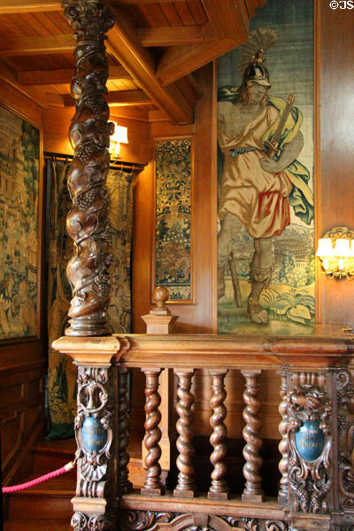 Carved railing & tapestry at Fyvie Castle. Turriff, Scotland.