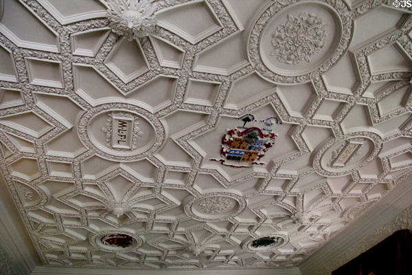 Heraldic plaster ceiling in drawing room at Fyvie Castle. Turriff, Scotland.