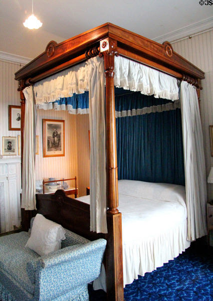 Four-poster bed with hangings in Victoria bedroom at Haddo House. Methlick, Scotland.