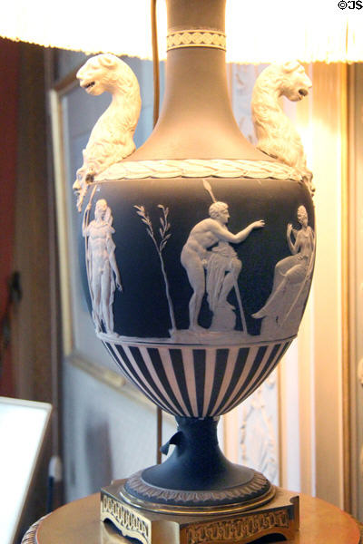 Wedgwood-style lamp base in morning room at Haddo House. Methlick, Scotland.