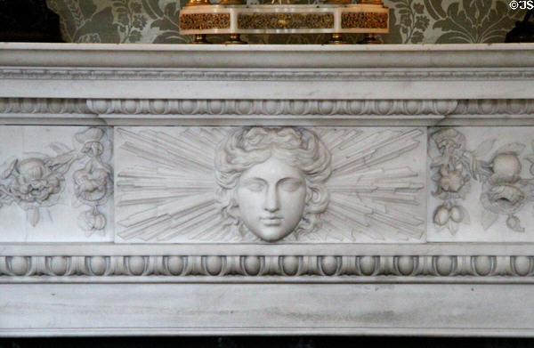 Adamesque fireplace detail of sculpted face in dining room at Haddo House. Methlick, Scotland.