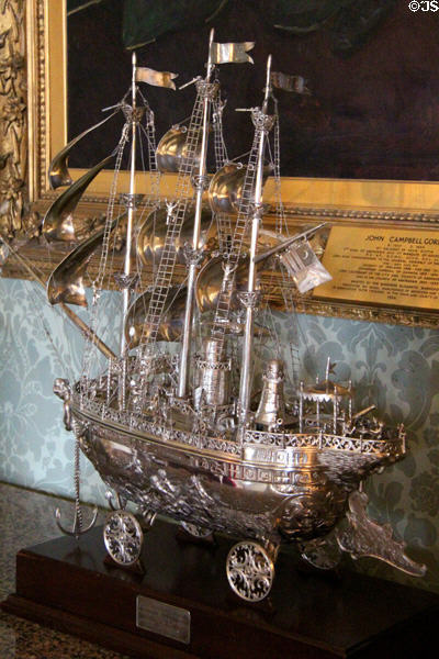Silver model sailing ship nef centerpiece on wheels in dining room at Haddo House. Methlick, Scotland.