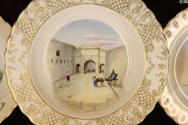Walls of Quebec City painted on porcelain plate of set given by Canadian Parliament to Countess of Aberdeen at Haddo House. Methlick, Scotland.
