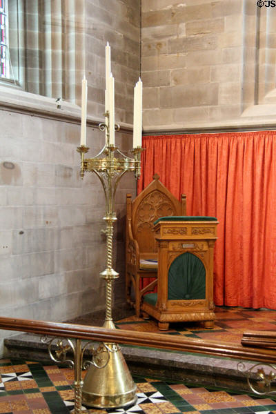 Candlestick before chair & kneeler in chapel at Haddo House. Methlick, Scotland.