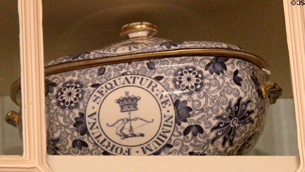 Covered porcelain serving dish with Haddo family motto at Haddo House. Methlick, Scotland.