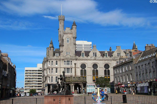 Castlegate square with Salvation Army Citadel (1893-6) & Mercat Cross (1686). Aberdeen, Scotland.